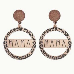 Mama Leopard Print Wooden Circle‎ Dangle Earrings NEW